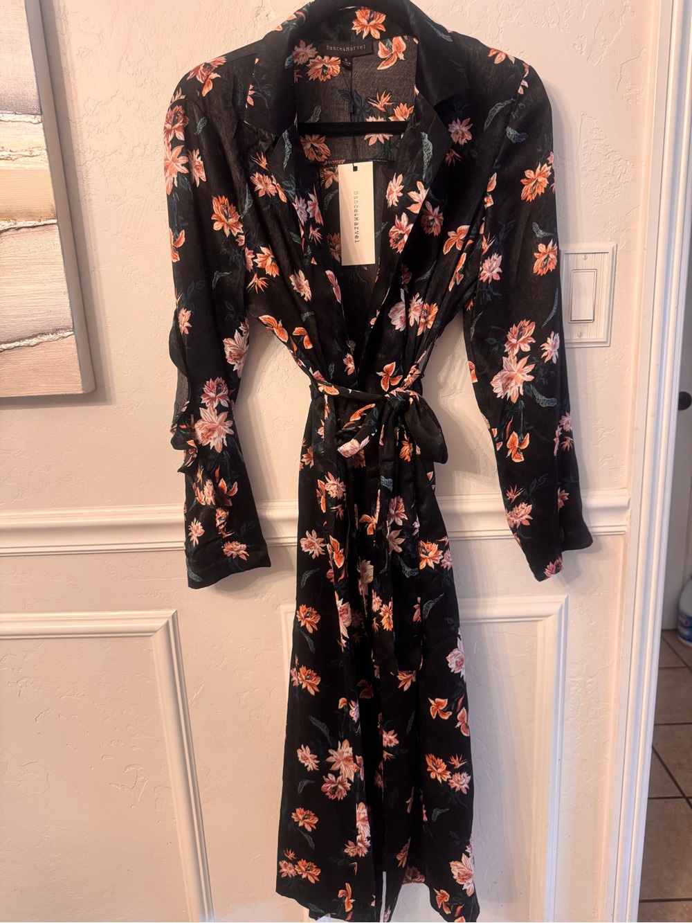 NWT Dance & Marvel Black Floral Tie-Waist Maxi Robe with Pink & Orange Blooms